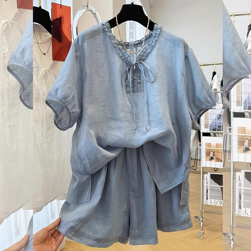 韩系减龄胖MM大码宽松纯色慵懒风两件套女装夏季新款清纯套装通勤