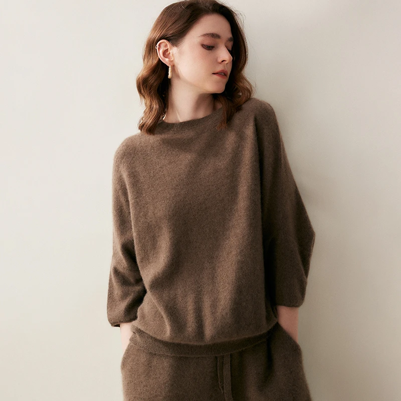 新款蝙蝠七分袖羊绒衫女圆领宽松慵懒风高级舒服内搭
