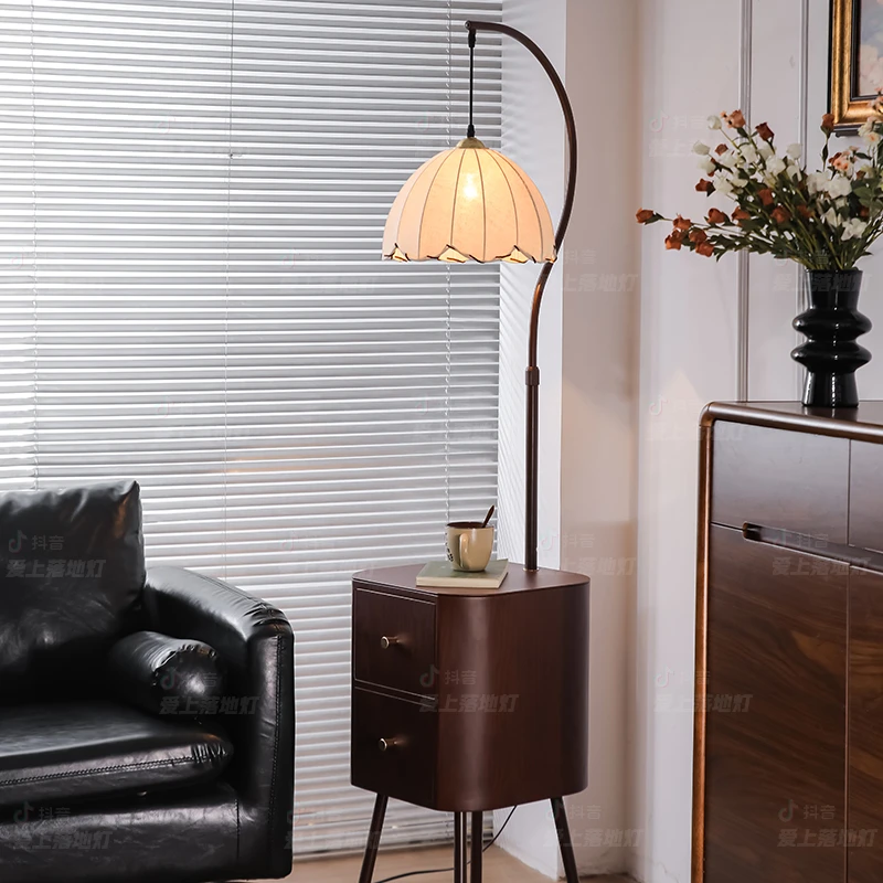 法式中古风卧室床头柜台灯一体美式客厅沙发置物架边几储物落地灯