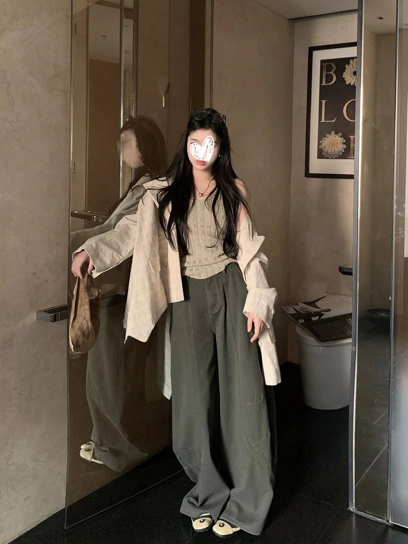 美式复古牛仔裤女新款阔腿裤弯刀裤宽松拖地长裤直筒裤子8306
