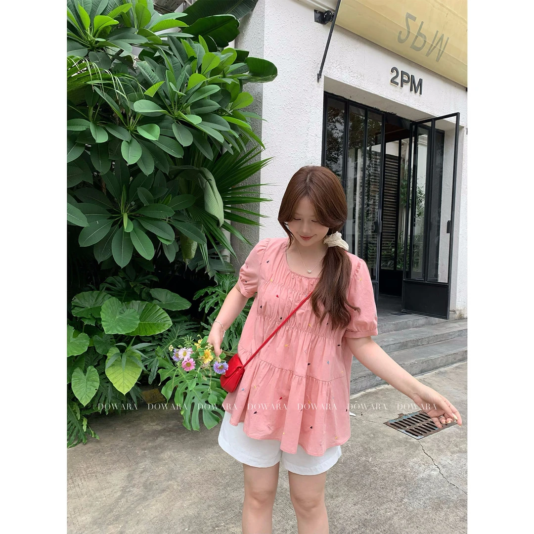 大婉酱千千微胖定制 刺绣爱心正肩圆领小衫夏季宽松舒服上衣9489X