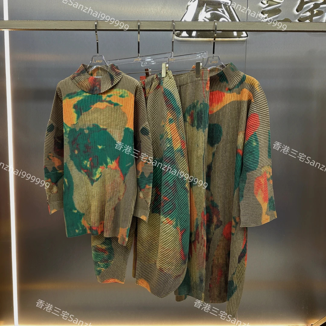 大码褶皱春秋新款粗牙签颜料晕染印花上衣裤子外套气质舒适