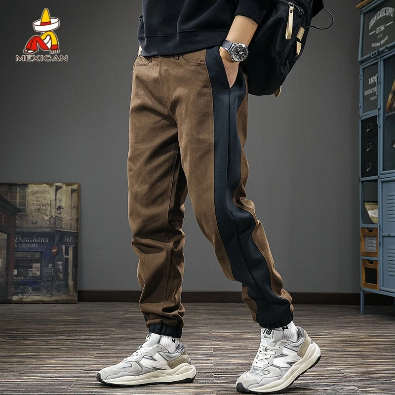 Mexican/稻草人美式复古撞色工装休闲裤男款秋季宽松直筒束脚裤子