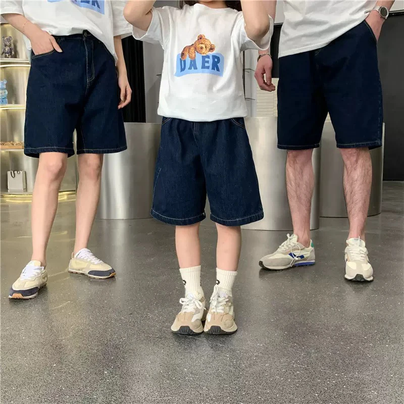 深蓝色复古牛仔五分短裤亲子装全家装百搭直筒高腰休闲裤子母女装