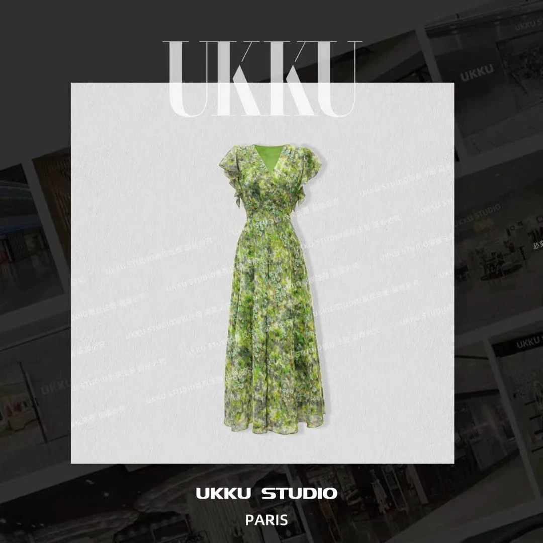 秀秀【UKKU STUDIO】【绿野仙踪】夏季绿色显瘦连衣裙设计感916861