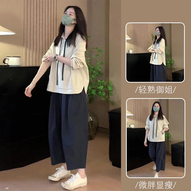 秋装搭配一整套高级感时尚开叉连帽宽松卫衣女阔腿显瘦休闲裤套装