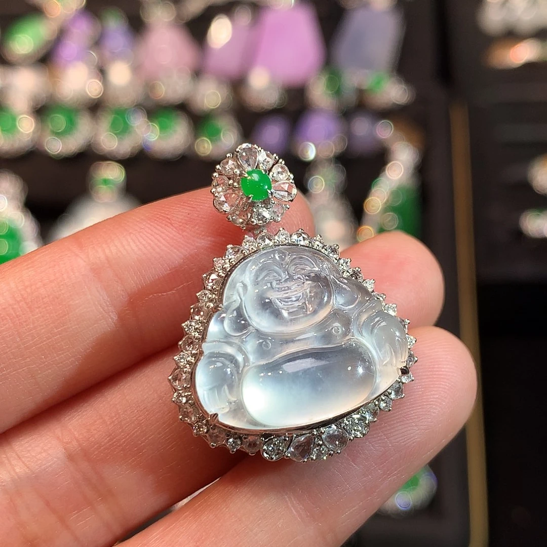 翡翠18K金镶嵌吊坠(赠链)玻璃钢佛公吊坠