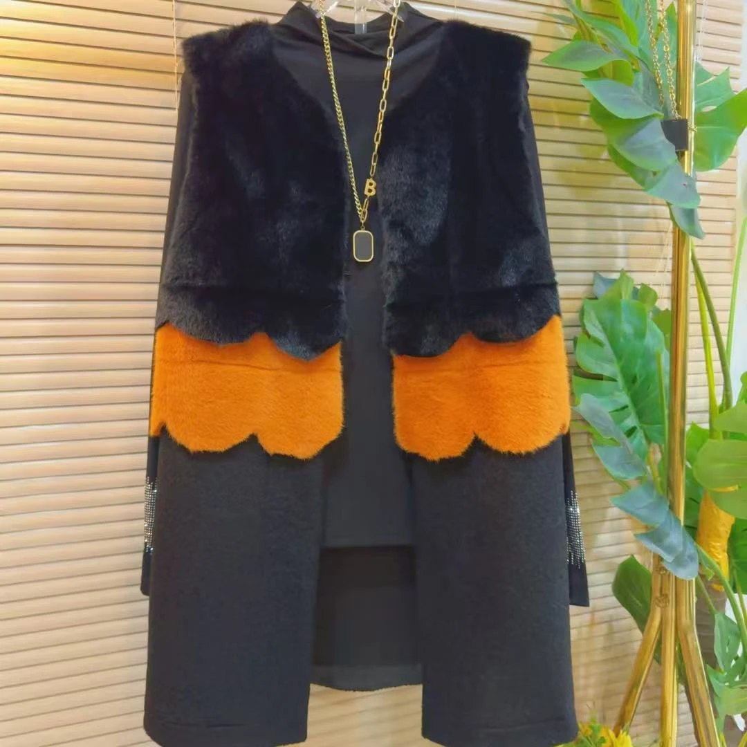 秋冬新款欧货拼接撞色设计洋气时尚潮流百搭中长款个性毛毛马夹