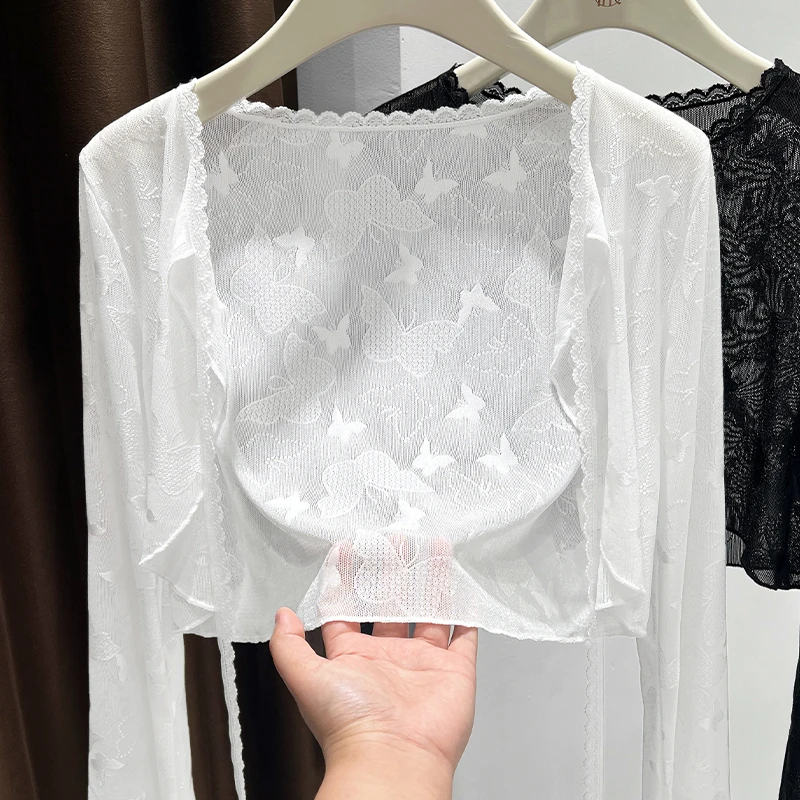 轻国风绝美蝴蝶结蕾丝开衫旗袍外搭女夏季木耳边圆领白色系带披肩