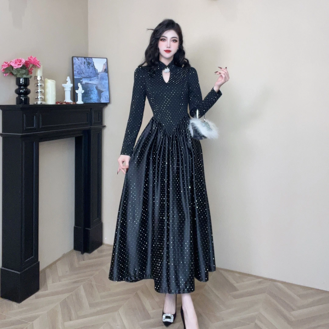 【设计师定制】秋冬新款轻奢名媛气质优雅高级感连衣裙21606