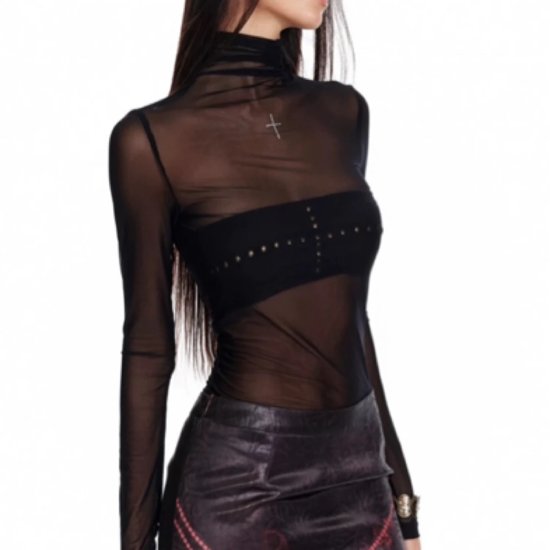 设计十字架烫钻高领网纱长袖打底衫内搭透视衫上衣女6356