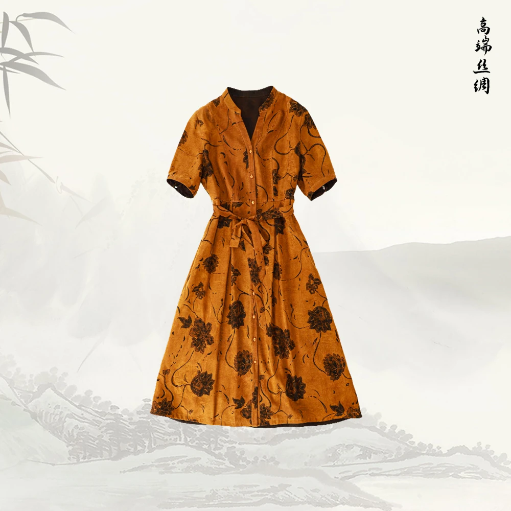 品牌新款气质V领香云纱短袖中长款连衣裙526263