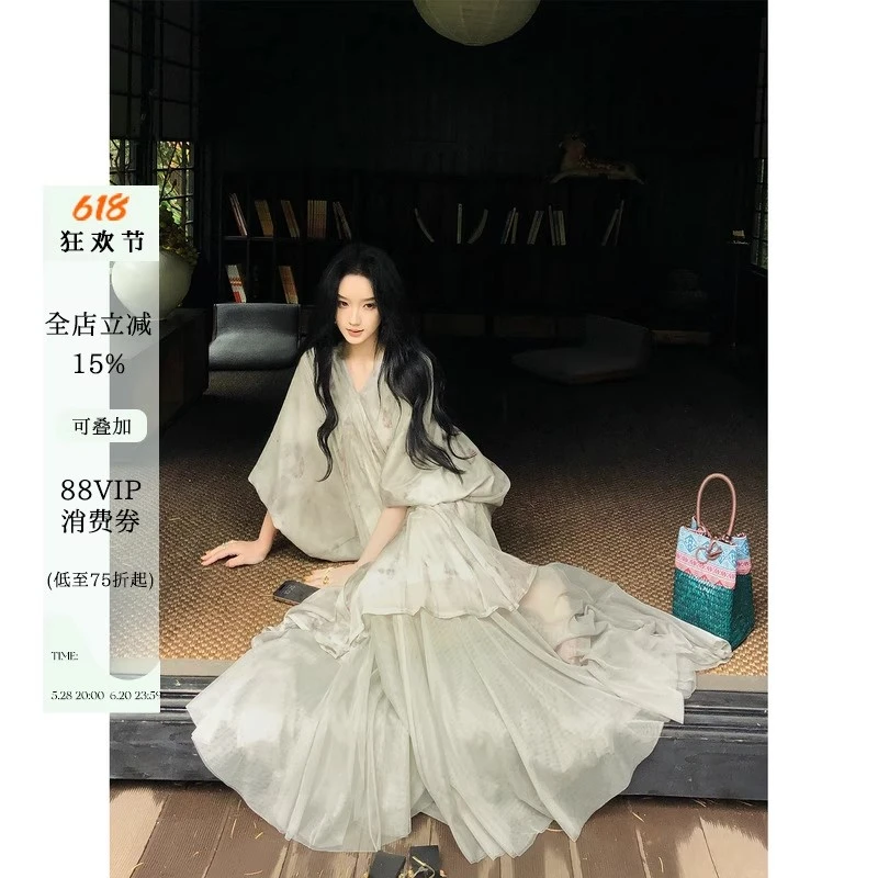 Youwe2025巨好看的夏装薄纱连衣裙女宴会新中式禅意风长裙1982