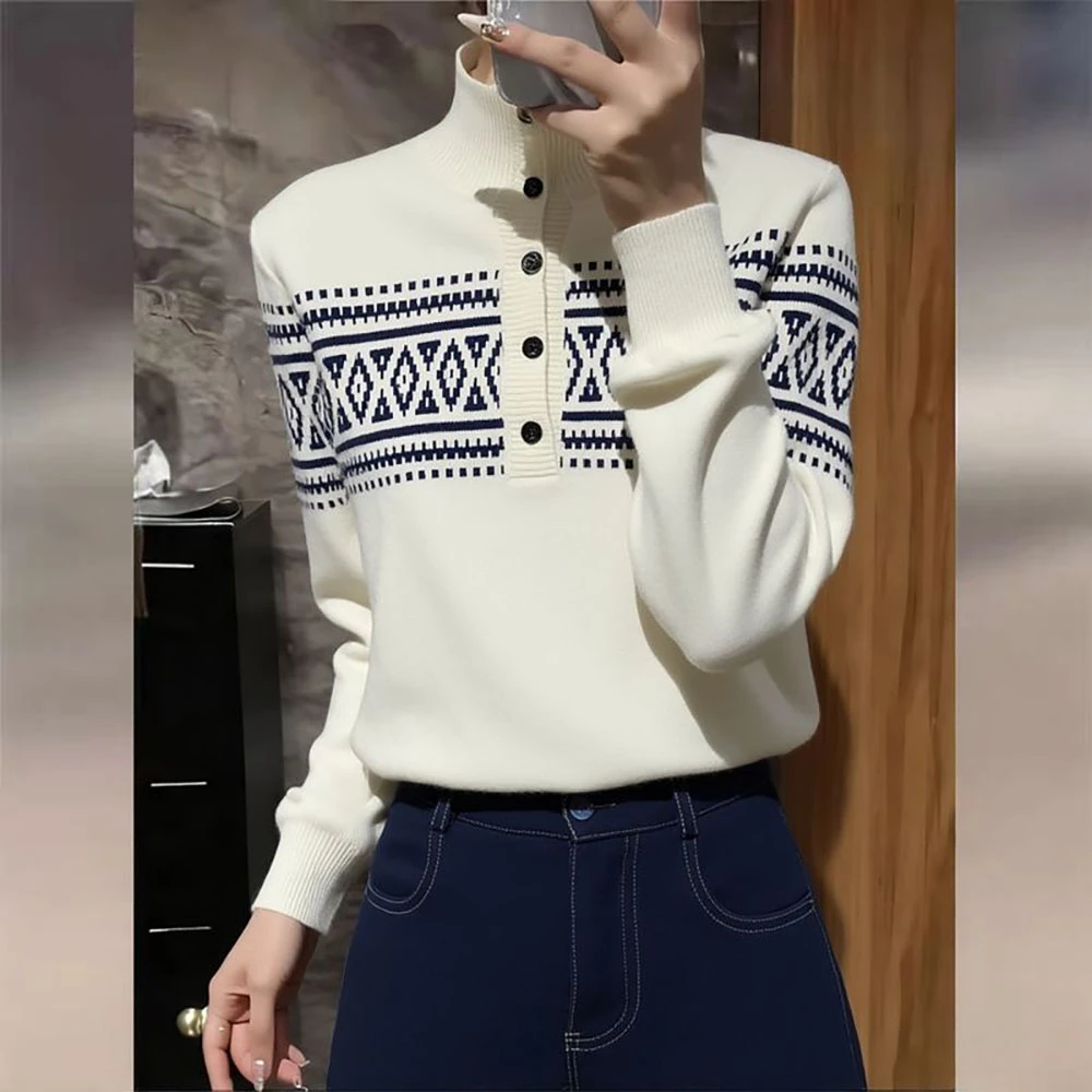 费尔岛提花针织衫女士秋冬慵懒高级感软糯宽松显瘦半高领毛衣上衣