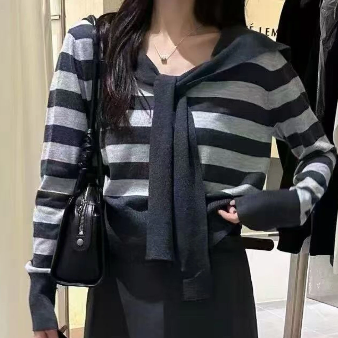 针织拼接长袖条纹海军领毛针织衫经典外搭韩版针织衫