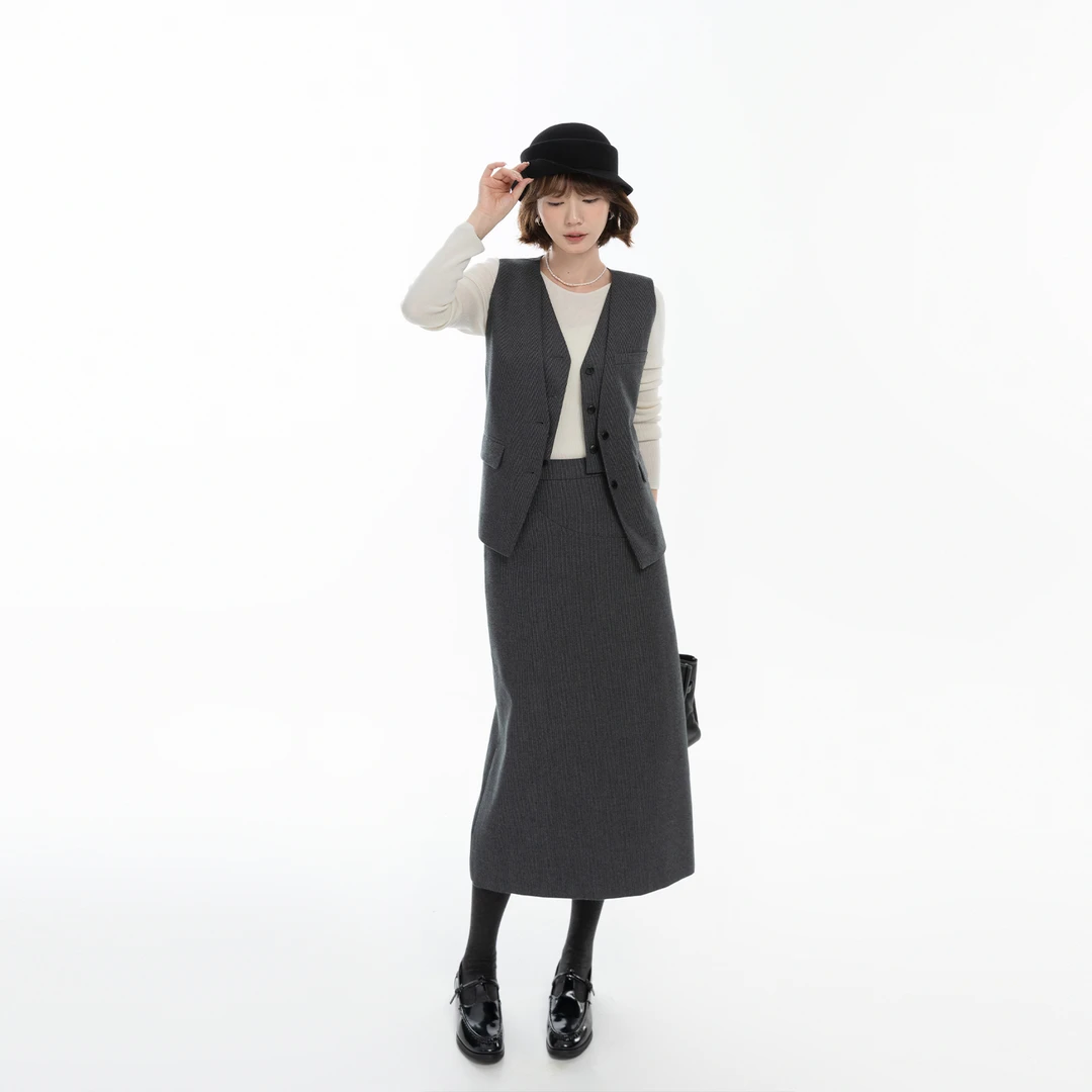 【新品】【老钱密码】FS507W058+FS507X048假两件马甲外套+假口袋半裙