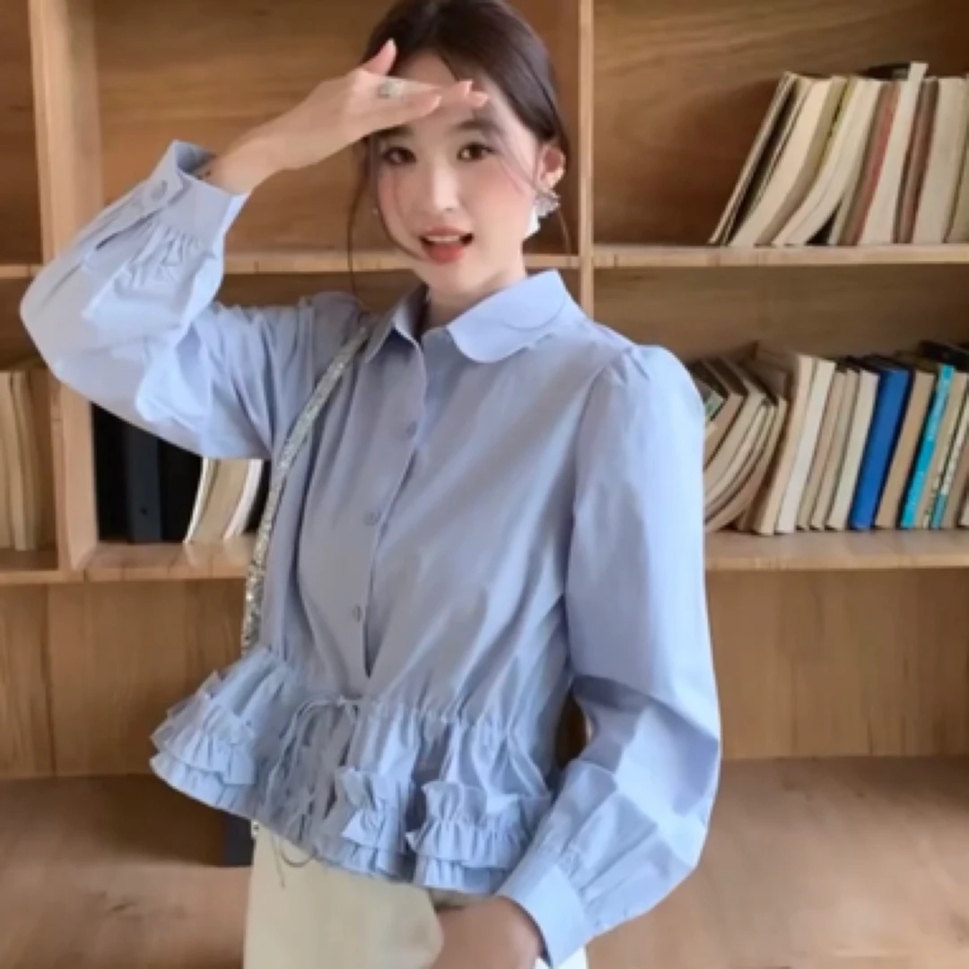 【花花】花瓣衬衫~棉感蓬蓬下摆花瓣边短款韩系翻领小衫