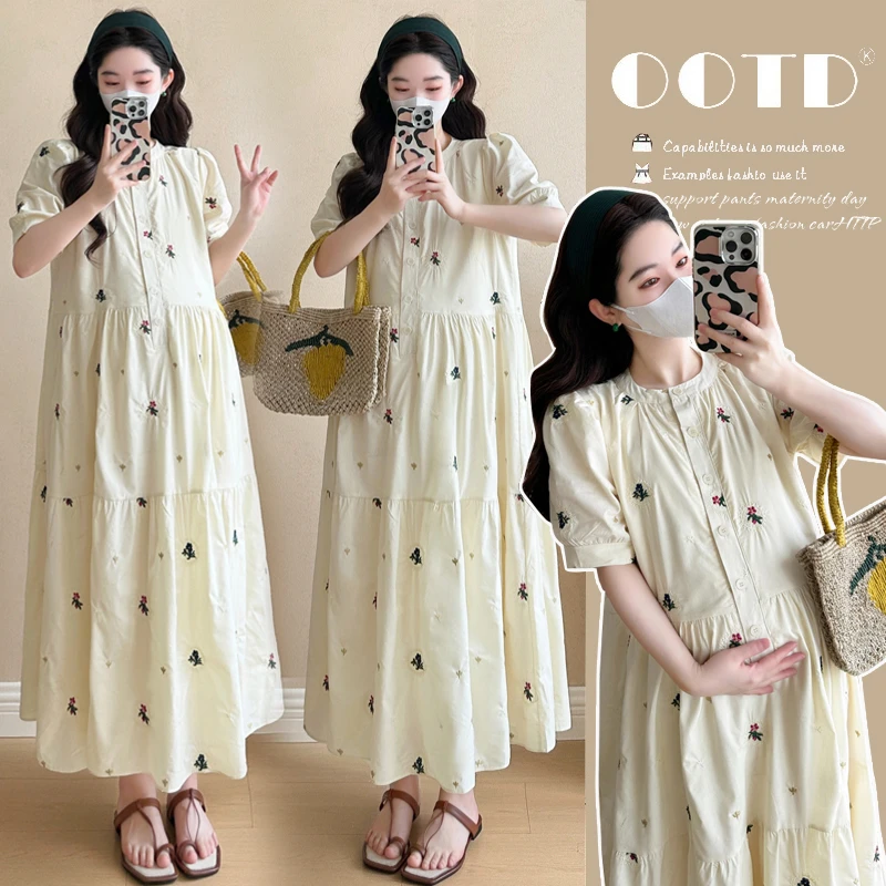 【酥酥】2025夏季新款孕妇连衣裙刺绣洋气大码女连衣裙中长款夏款