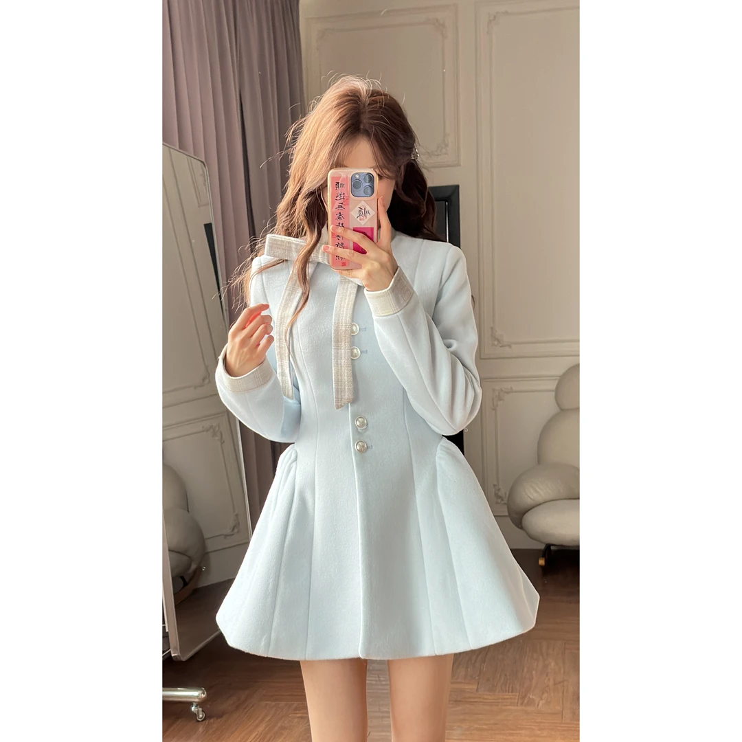 小小仟 麦芬甜茶/中长款收腰毛呢连衣裙女冬季法式复古气质裙子