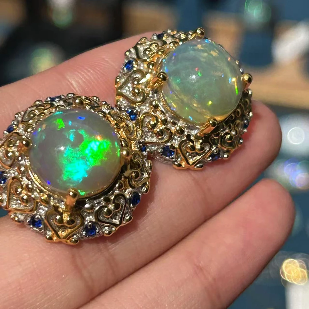 正圆白欧泊意大利工艺镶嵌耳饰