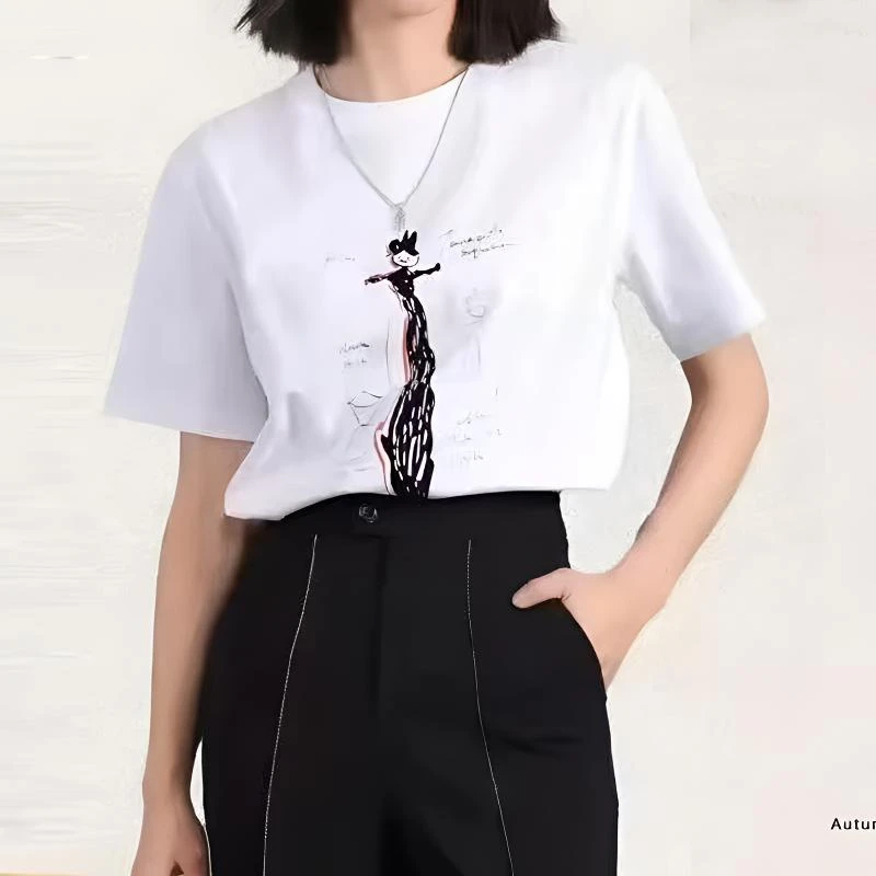 【商场同款】2025新款夏季休闲百搭时尚涂鸦印花圆领短袖T恤女