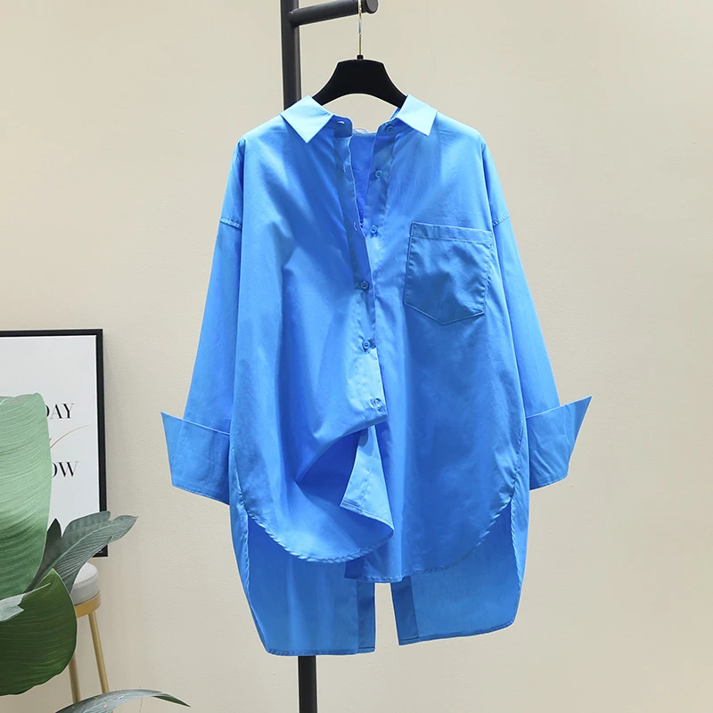 欧美风蓝色设计感衬衫女春韩版宽松百搭休闲前短后长衬衣上衣外穿