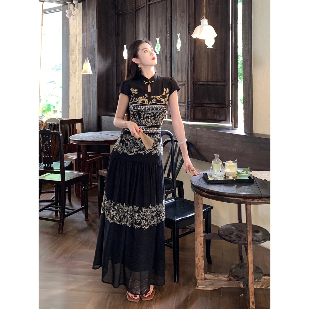 凌茜恣禾【夜穹绣】国风新中式重工珠管绣连衣裙气质复古改良旗袍裙