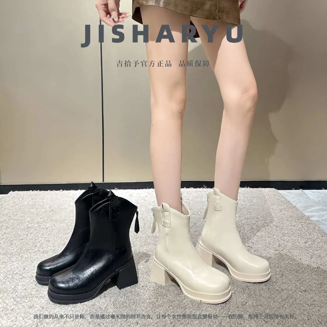 加肥加宽大码女鞋秋冬手工甜酷割草机粗跟英伦风净面高跟瘦瘦短靴