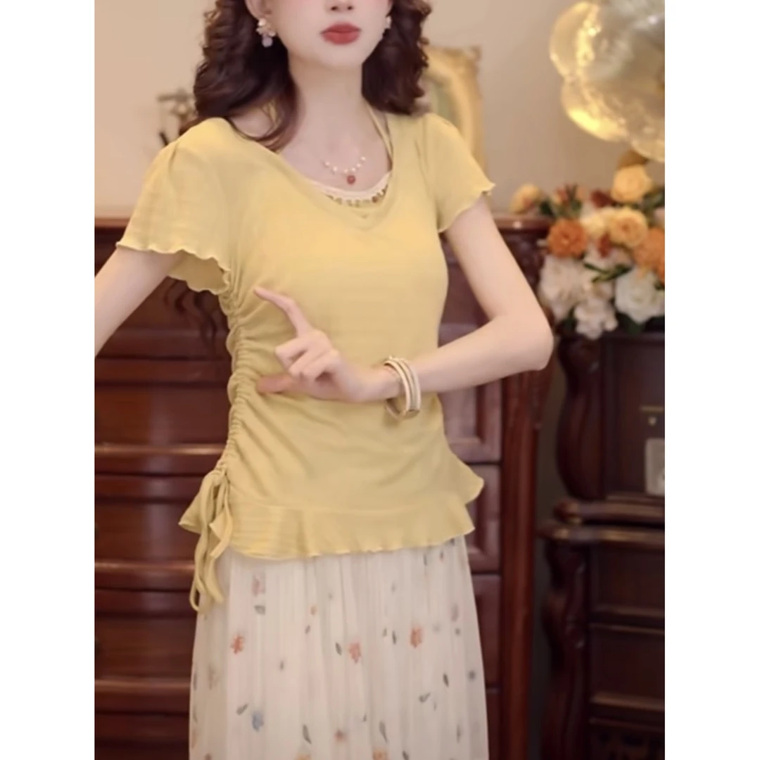 温敏er【夏日乐悠】温柔风短袖小衫女夏季设计感宽松上衣