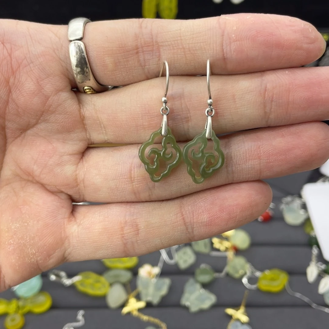 和田玉耳饰银S925镶嵌丫*