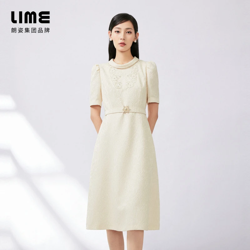 LIME/莱茵【鎏金派对】秋季明星同款高端连衣裙象牙白LMFC7AWOP701