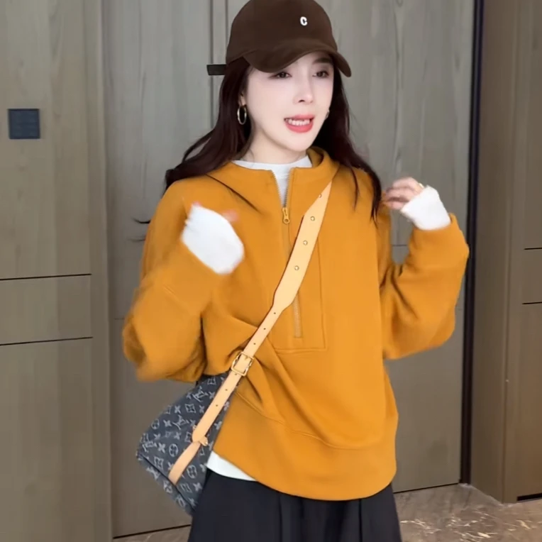2025秋季高级感时尚连帽半拉链卫衣短外套女流行洋气宽松显瘦上衣