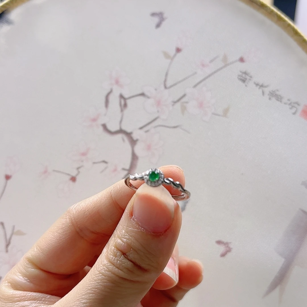 翡翠戒指银S925镶嵌肉*