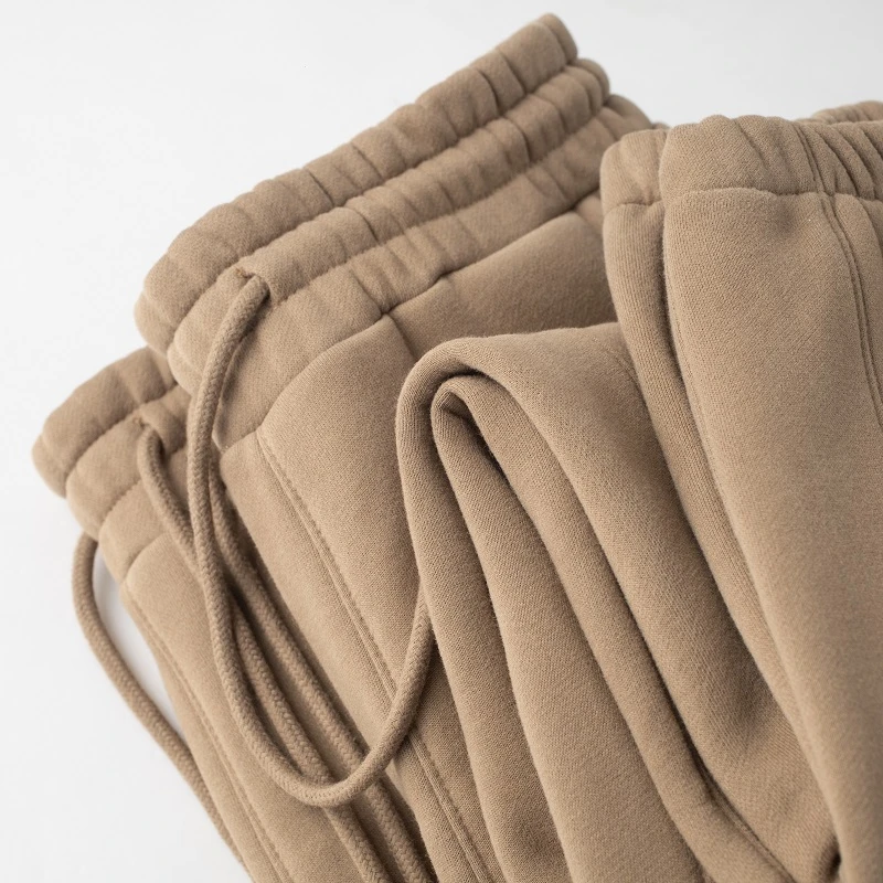 秋冬高腰厚款330g重磅棕色深卡其加绒卫裤男宽松保暖束脚休闲裤女