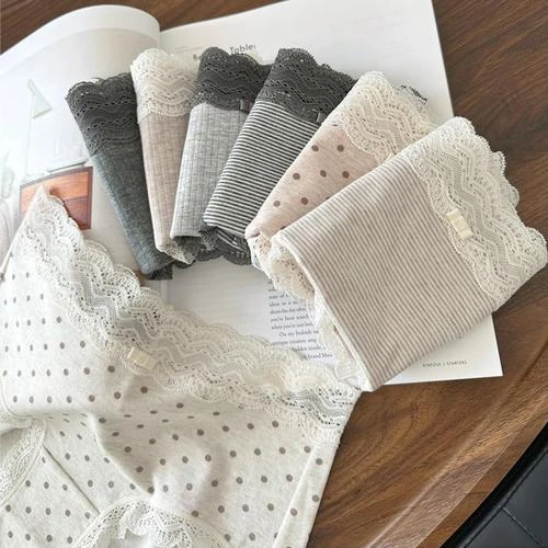 甜美波点条纹5A抑菌A类棉蕾丝女士内裤中腰包臀透气舒适少女日系