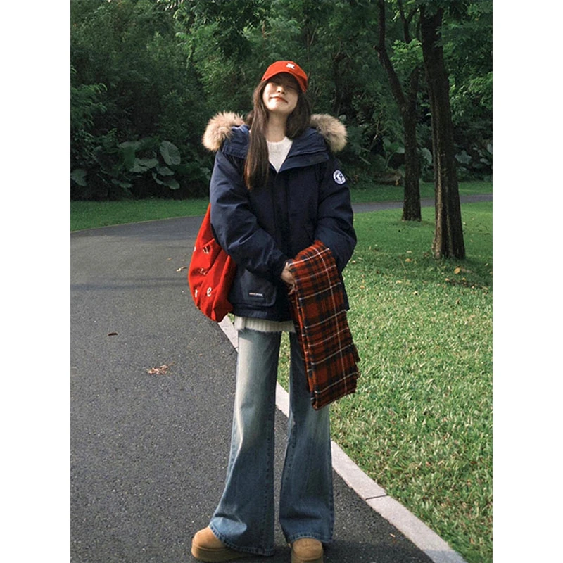 藏青色拉链开衫连帽外套女2025冬季新款加厚保暖宽松百搭棉服ins