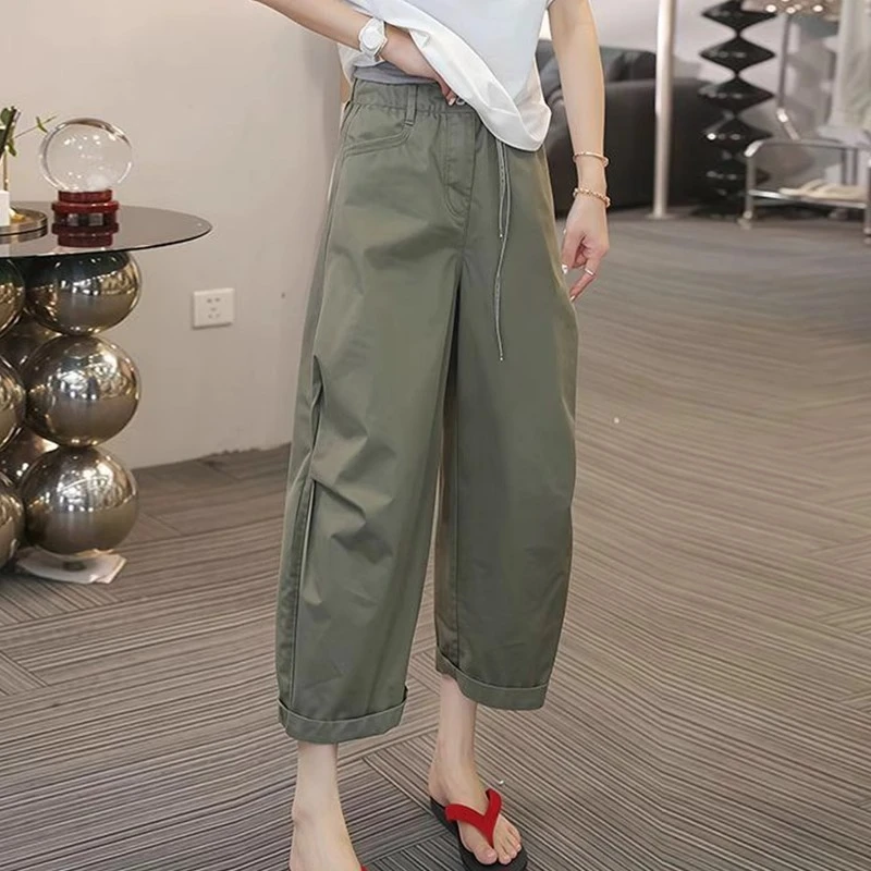 设计感九分工装裤女2025夏季薄款梨形身材休闲直筒伞兵阔腿裤子