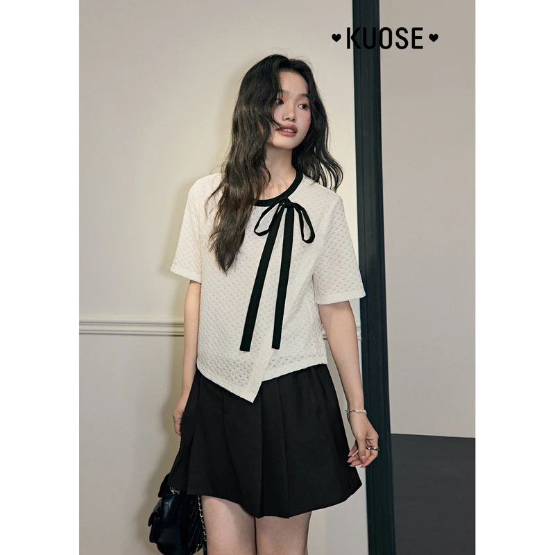 阔色蝴蝶结T恤短款25年夏季新款不规则设计感短袖上衣KSD2503023
