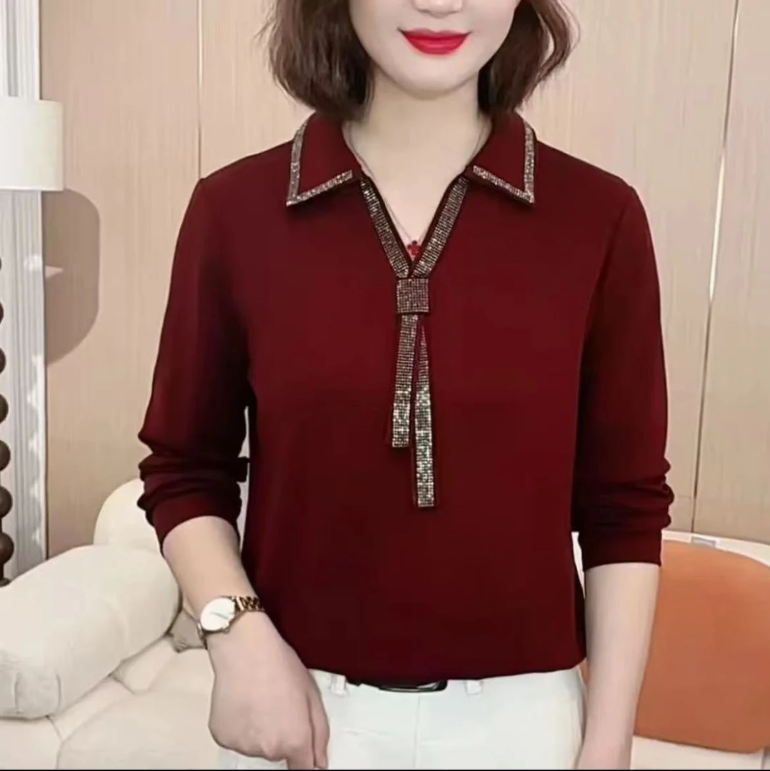 2025新款时尚翻领烫钻洋气百搭减龄显瘦长袖秋款女士气质纯色上衣