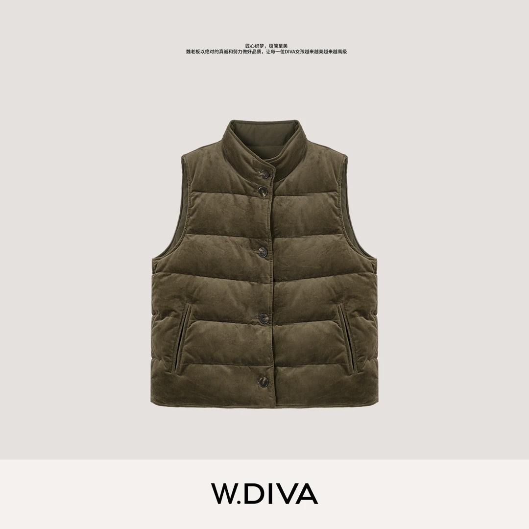 W.Diva【匠心之作】双面穿复古灯芯绒蓬蓬白鹅绒马甲保暖54C263002