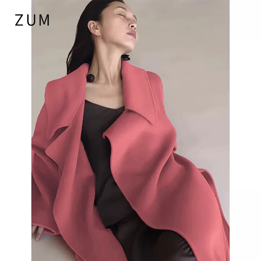 zum秋冬大翻领浴袍款双面呢羊绒大衣女2024年新款中长款粉色外套
