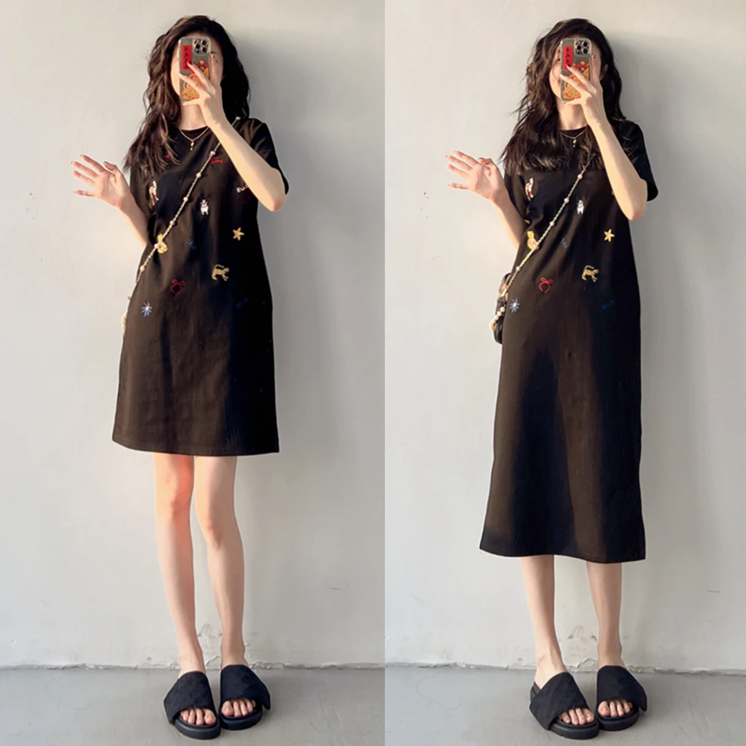 【刺绣小狗】短款/长款~早春新款简约百搭休闲T恤裙显瘦连衣裙女LY