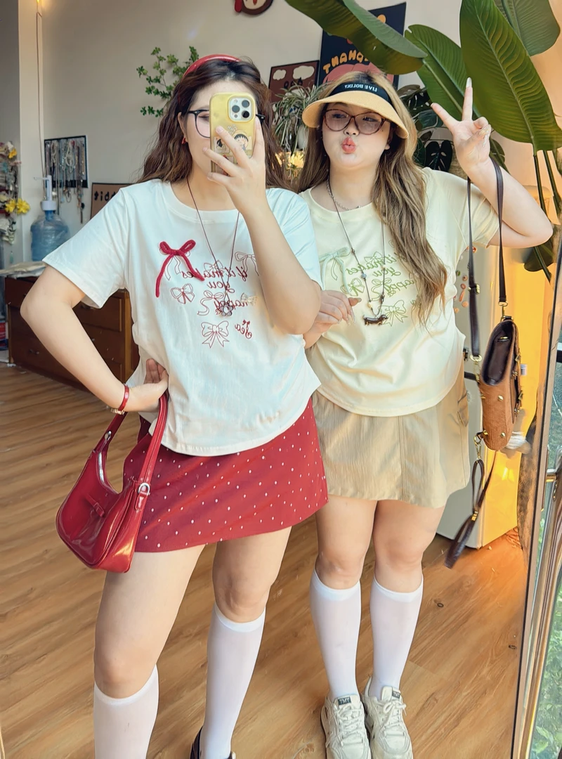 6504夏季新款大码女装正肩短袖T恤蝴蝶结装饰印花宽松显瘦上衣服