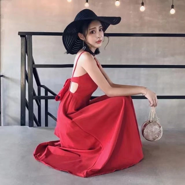夏季沙滩裙小个子海边度假蝴蝶结露背吊带连衣裙女收腰性感长裙子