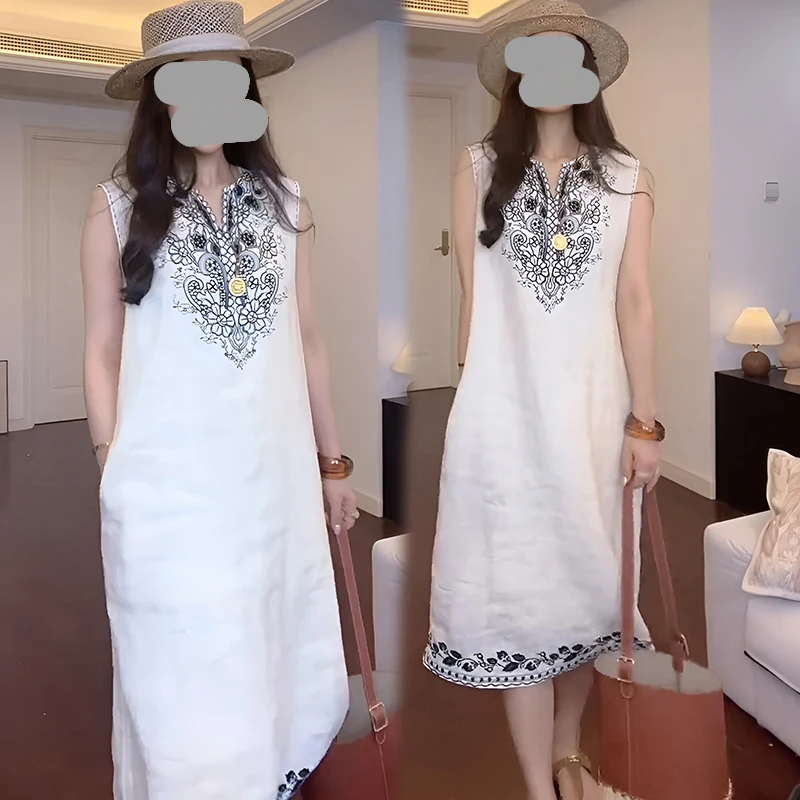 小众设计感刺绣无袖宽松连衣裙女2025夏季新款休闲百搭撞色背心裙