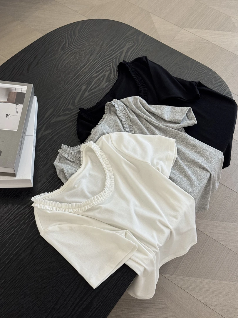 Y.M | 浪漫贝尔 木耳边拼接高级感韩系精致温柔感短袖1407