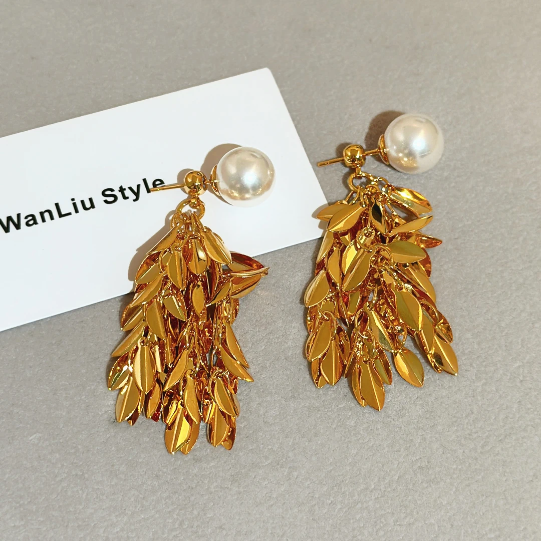 铜合金耳饰 2025新款珠珠树叶流苏耳环冷淡风小众高级感耳坠B372