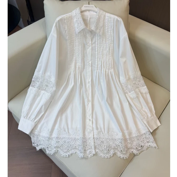 【鑫蕾】蕾丝拼接白色衬衫女高端轻奢气质长袖衬衫28587