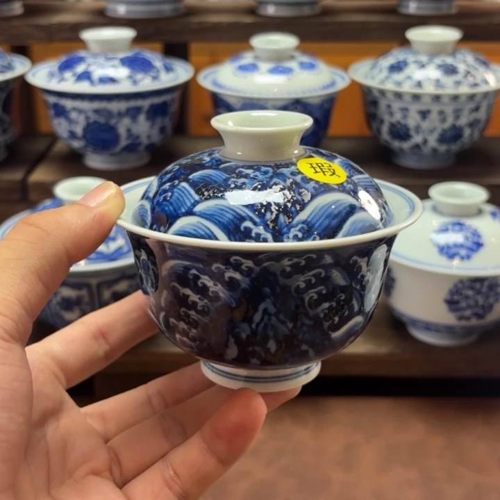 景德镇纯手工手绘海浪盖碗