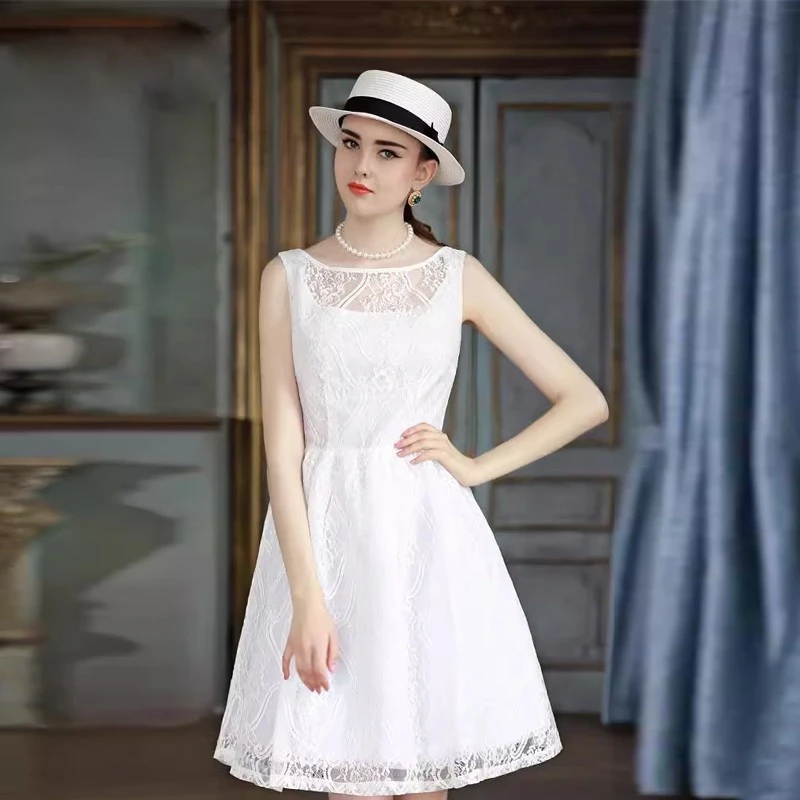 蕾丝连衣裙夏欧美收腰显瘦高端名媛无袖复古a字